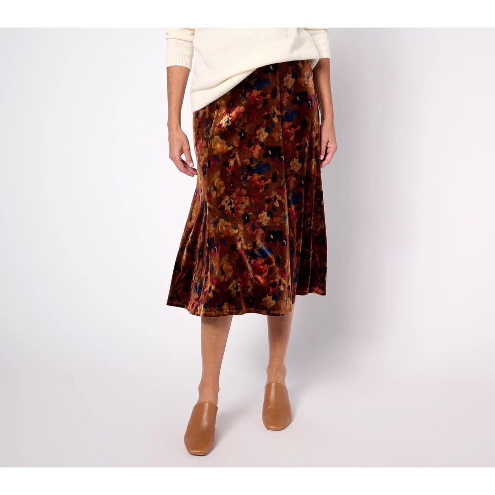 NWOT Susan Graver 3X Petite Printed‎ Knit Velvet Paneled Midi Pull-On Skirt